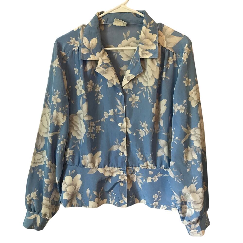 Russ Blouse Vintage Size 14 Womens Blue White Gray Floral Design Button Front